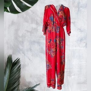 Flying Tomato Womens Red Floral Kimono Sleeves Snap Wide Leg Romper Jumpsuit M